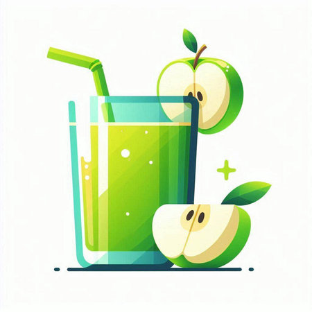 Green apple juice in a glass with a straw. Vector illustration.のイラスト素材
