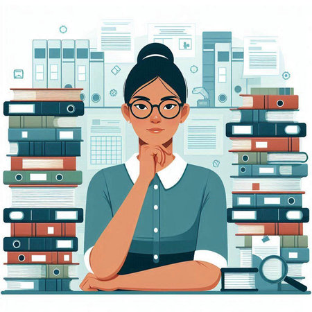 Young woman sitting at the table with a lot of folders. Vector illustration.のイラスト素材