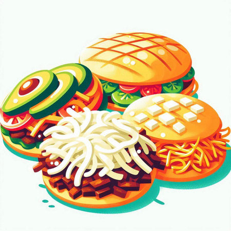 Illustration of a hamburger with fries and vegetables on a white backgroundのイラスト素材