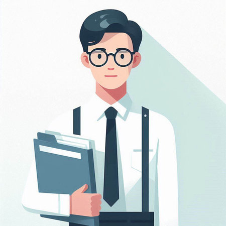 Young man in glasses holding a folder with documents. Vector illustration.のイラスト素材