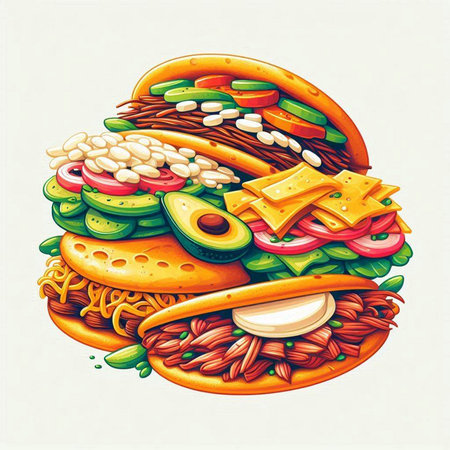illustration of fast food hamburger with lettuce, tomato, cheese, cucumber, onion and sesame seedsのイラスト素材