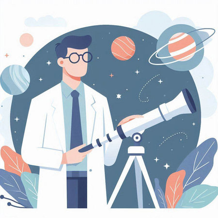 Astronaut with telescope. Flat vector illustration. Astronomy concept.のイラスト素材