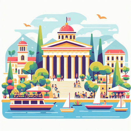 Travel to Greece. Vector illustration in flat style. Tourists on the embankment of the city.のイラスト素材