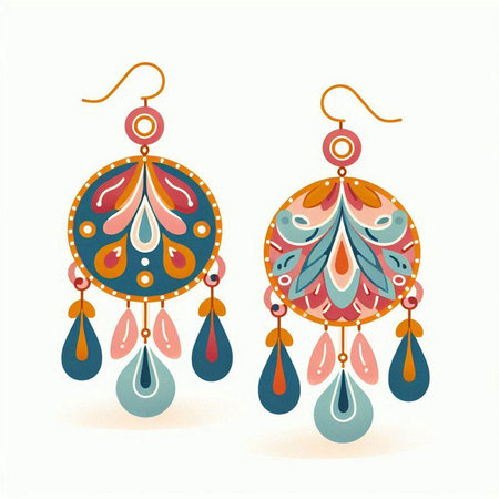 illustration of earrings with feathers and beads in boho styleのイラスト素材