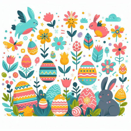 Colorful Easter background with eggs, flowers and bunny. Vector illustration.のイラスト素材