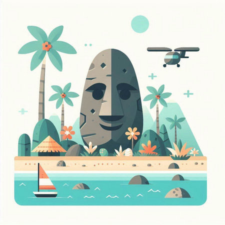 Tropical island with palm trees, sailboat and monster. Vector illustrationのイラスト素材