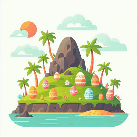 Easter eggs on island with palm trees, sun and sea. Vector illustration.のイラスト素材