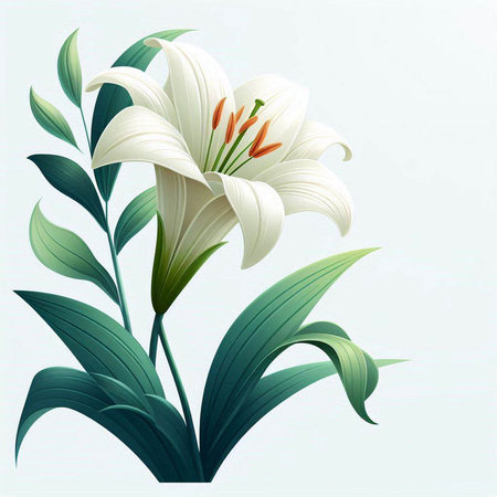 White lily with green leaves on a light background. Vector illustration.のイラスト素材