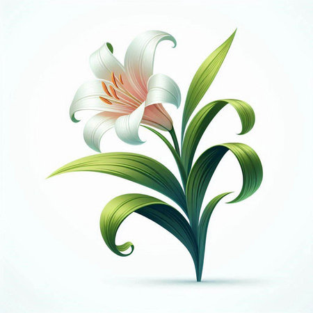 Lily flower with green leaves isolated on white background. Vector illustration.のイラスト素材