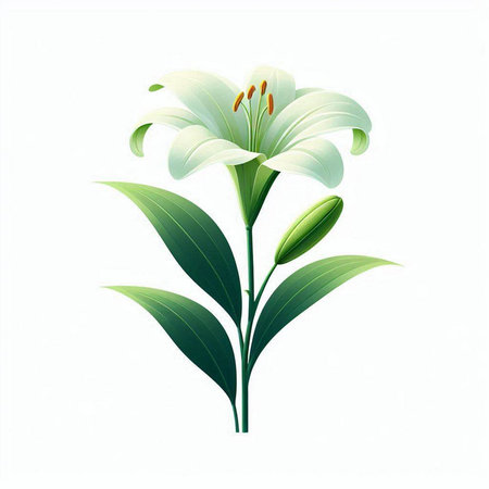 White lily with green leaves isolated on white background. Vector illustration.のイラスト素材