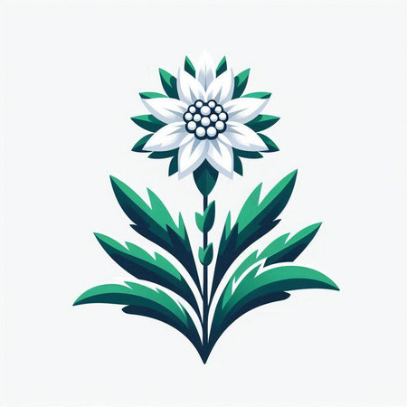 Illustration of a blue flower with green leaves on a white backgroundのイラスト素材
