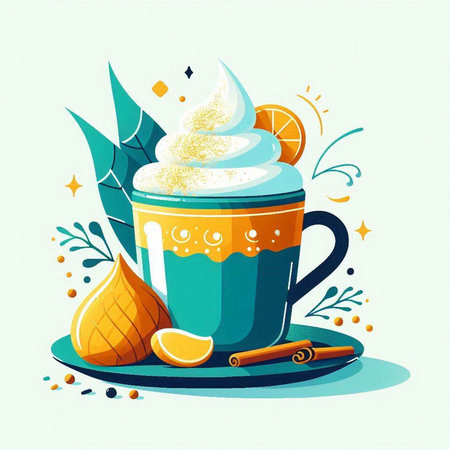 Cup of coffee with whipped cream and cinnamon. Vector illustration.のイラスト素材
