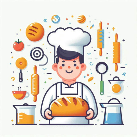 Vector illustration of a chef with a bread in his hands. Flat style.のイラスト素材
