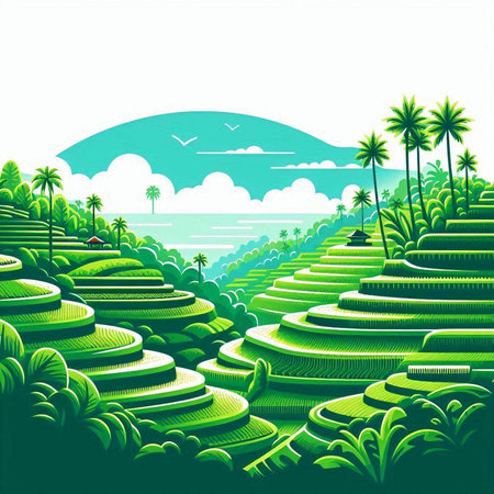 Green rice terraces with palm trees and seagulls. Vector illustration.のイラスト素材