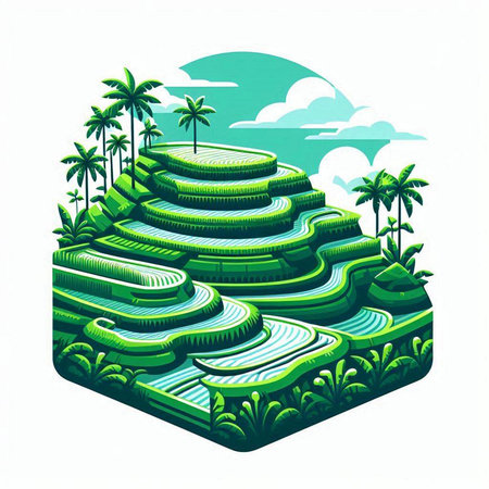 Green rice terraces with palm trees and blue sky. Vector illustration.のイラスト素材