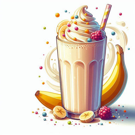 Banana milkshake with whipped cream and fresh fruits. Vector illustration.のイラスト素材