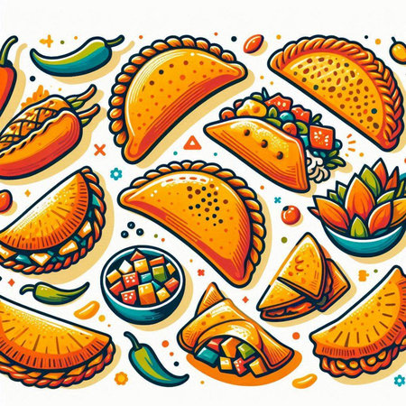 Seamless pattern with Mexican food. Vector illustration on white background.のイラスト素材
