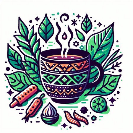 Tea time. Vector illustration. Hand drawn cup of hot drink with floral pattern.のイラスト素材
