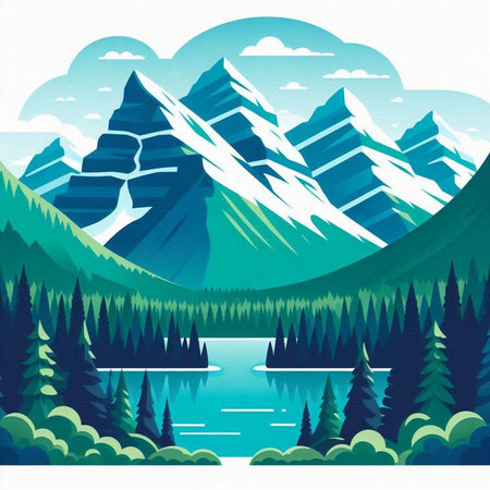 Mountains and lake with coniferous forest. Vector illustration.のイラスト素材