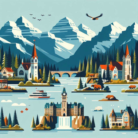 Landscape with mountains, lake, forest and church. Vector illustration.のイラスト素材