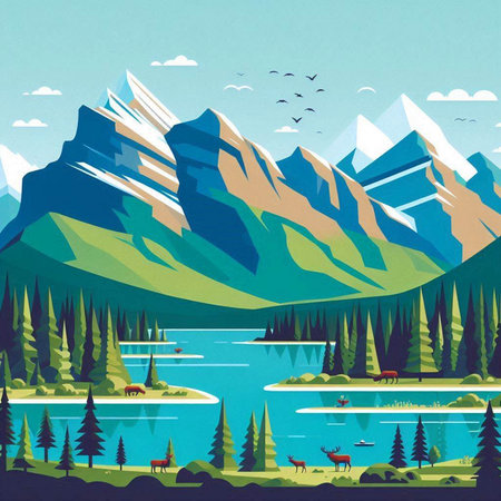 Mountain landscape with lake, forest and mountains. Vector illustration.のイラスト素材