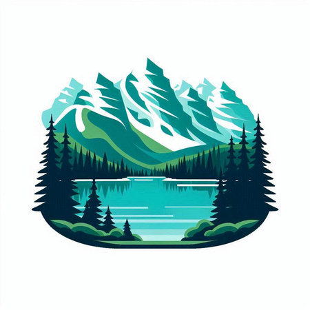 Mountains and lake with coniferous forest. Vector illustration.のイラスト素材