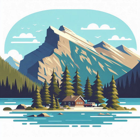Mountain landscape with lake, forest and house. Vector illustration.のイラスト素材