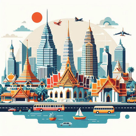 Bangkok cityscape with famous landmarks. Vector illustration in flat styleのイラスト素材