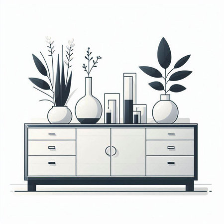 Vector illustration of a cabinet with plants and vases on a white backgroundのイラスト素材