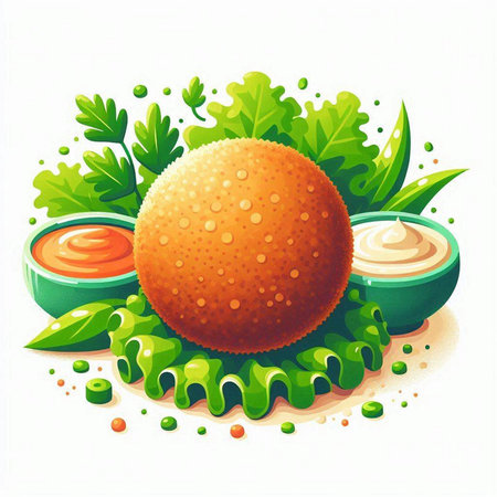 Illustration of fish ball with salad and sauce on a white backgroundのイラスト素材