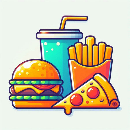 Fast food icon. Hamburger, french fries, soda, pizza. Vector illustrationのイラスト素材