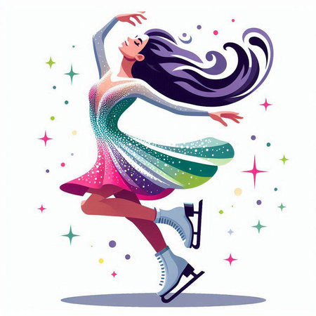 Vector illustration of an ice skating woman in a colorful dress, isolated on white background.のイラスト素材