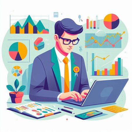 Businessman working on laptop in office. Vector illustration in flat styleのイラスト素材