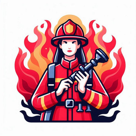 Firefighter in uniform with a gun in his hands. Vector illustrationのイラスト素材