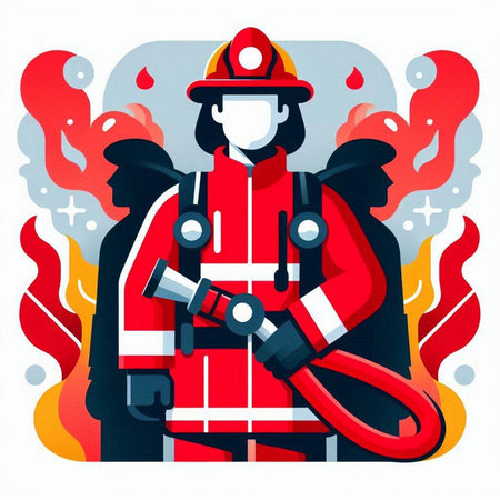 Firefighter in uniform with fire hose. Vector illustration in flat styleのイラスト素材