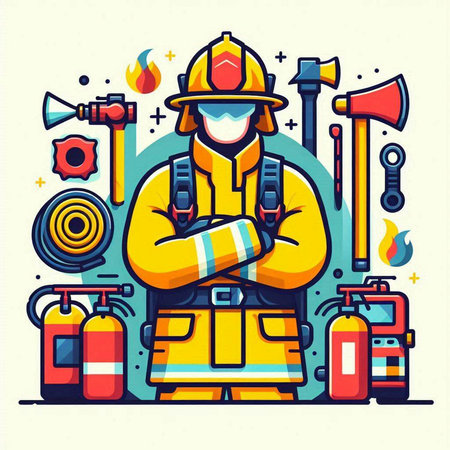 Firefighter with equipment. Vector illustration in flat linear style on white background.のイラスト素材