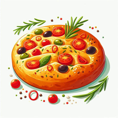 Pizza with tomato, olives and rosemary. Vector illustration.のイラスト素材