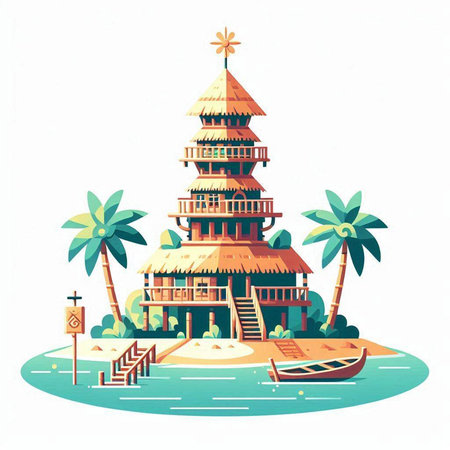 Palm tree and pagoda on the beach. Vector illustration.のイラスト素材