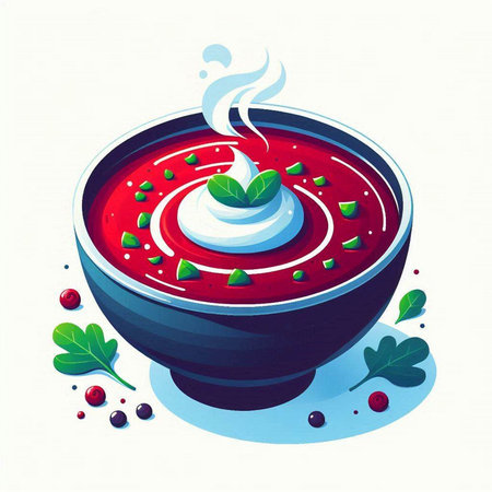 Vector illustration of a bowl of red soup with cream and greens.のイラスト素材