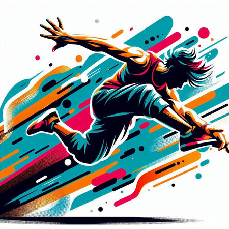 illustration of a girl jumping in the air with a colorful backgroundのイラスト素材