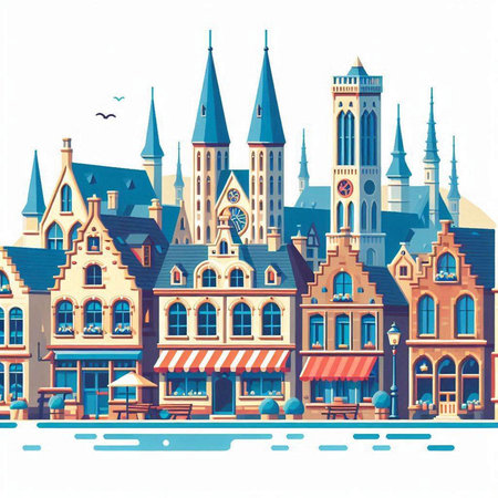 Cityscape of old european town. Vector illustration in retro styleのイラスト素材
