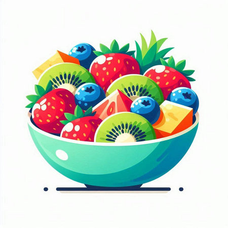 Fruit salad in a bowl. Vector illustration. Isolated on white background.のイラスト素材