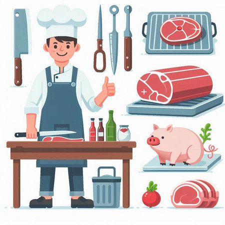 Butcher, butcher, butcher shop, butcher shop. Vector illustration.のイラスト素材