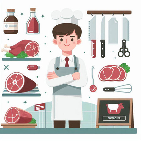 Butcher and butcher shop vector illustration. Butcher shop, butcher shop.のイラスト素材