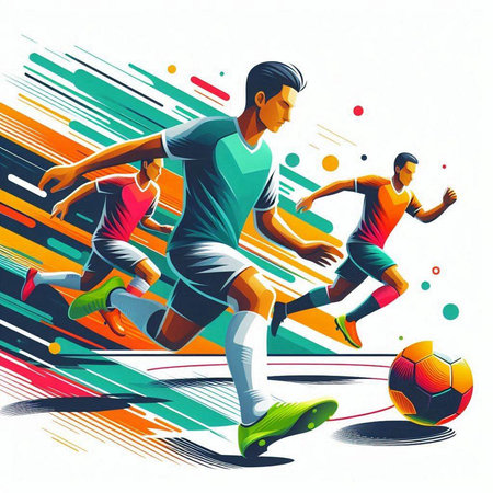 Soccer player in action with ball. Colorful vector illustration.のイラスト素材