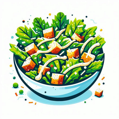 Salad with tofu and sesame seeds in bowl. Vector illustration.のイラスト素材