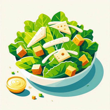 Salad with cheese and herbs in a bowl. Vector illustration.のイラスト素材