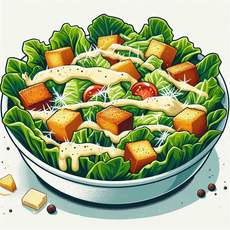 Illustration of salad with cheese and croutons in a bowlのイラスト素材