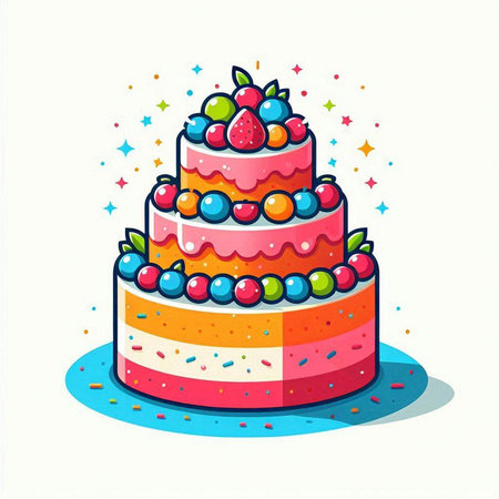 Birthday cake with berries. Vector illustration in cartoon style on white background.のイラスト素材