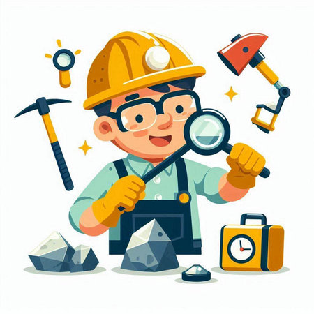 Cartoon miner with a magnifying glass and tools. Vector illustrationのイラスト素材